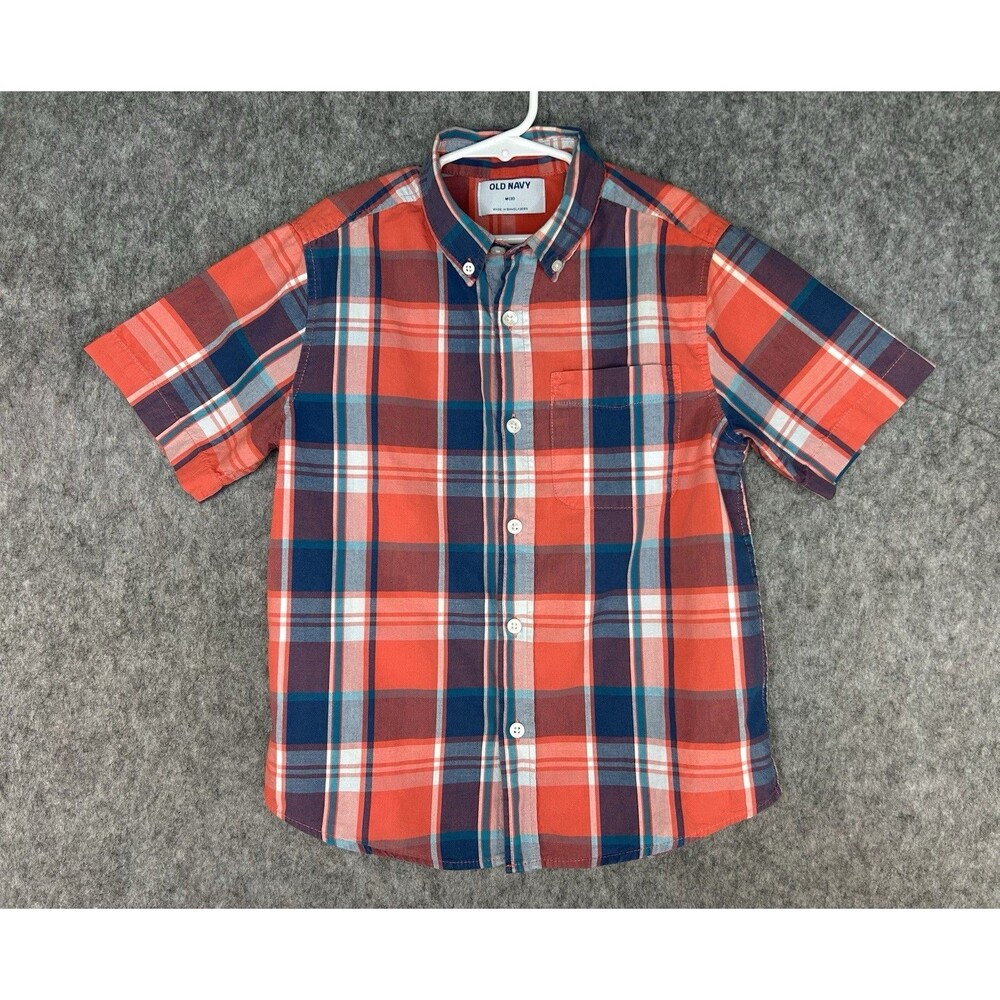 Old Navy Boy’s Blue Orange Plaid Button Up Short Sleeve Shirt Size M